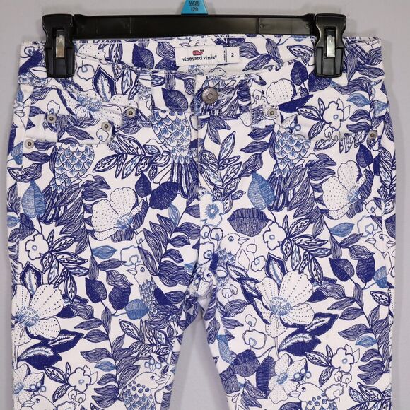 Vineyard Vines Jeans Womens 2 White Blue Floral Stretch Denim Crop Skinny Cordia - Picture 5 of 11